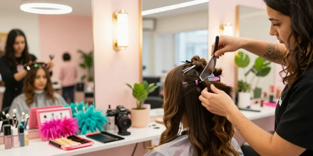 Stylist applying feather crochet hair extensions demonstrating vibrant hair transformation in a modern salon.