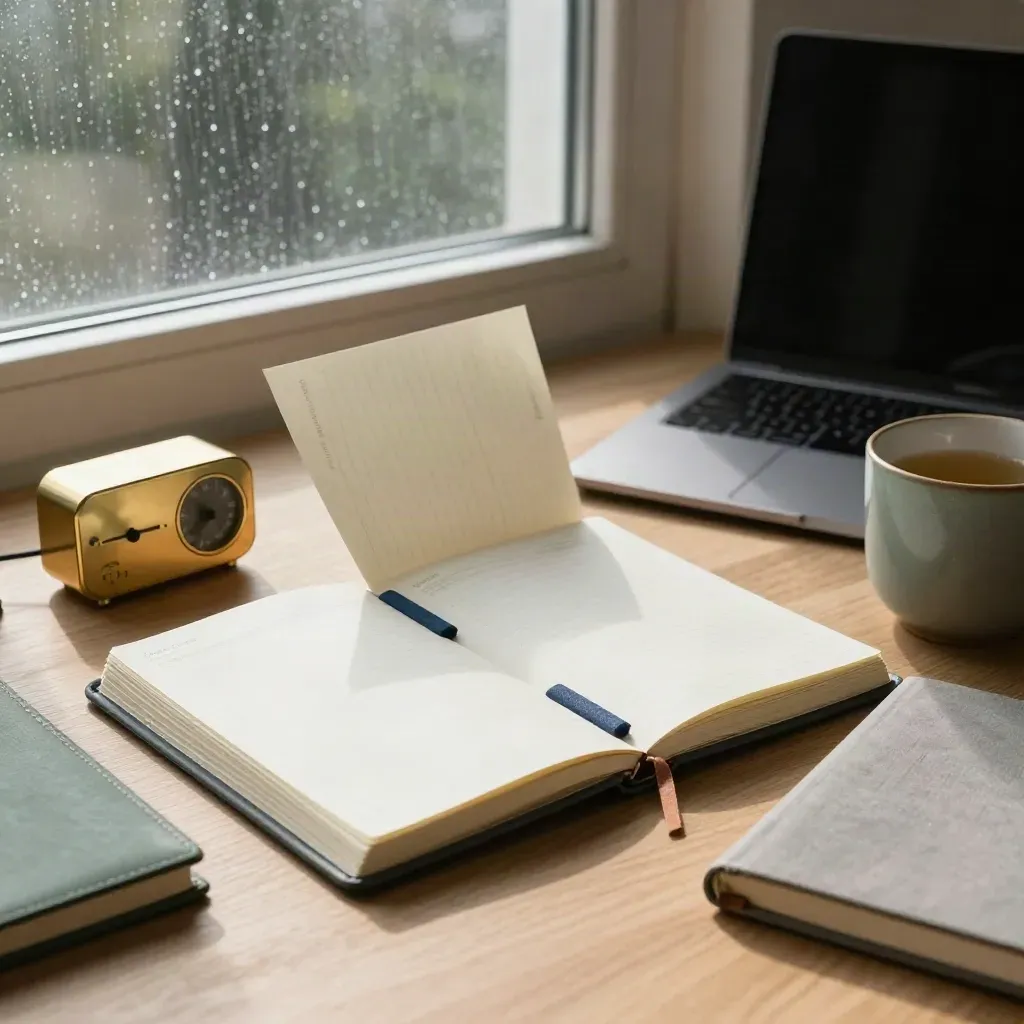 Planner pages, closed laptop, brass timer and mug on pale oak with rain at the window.