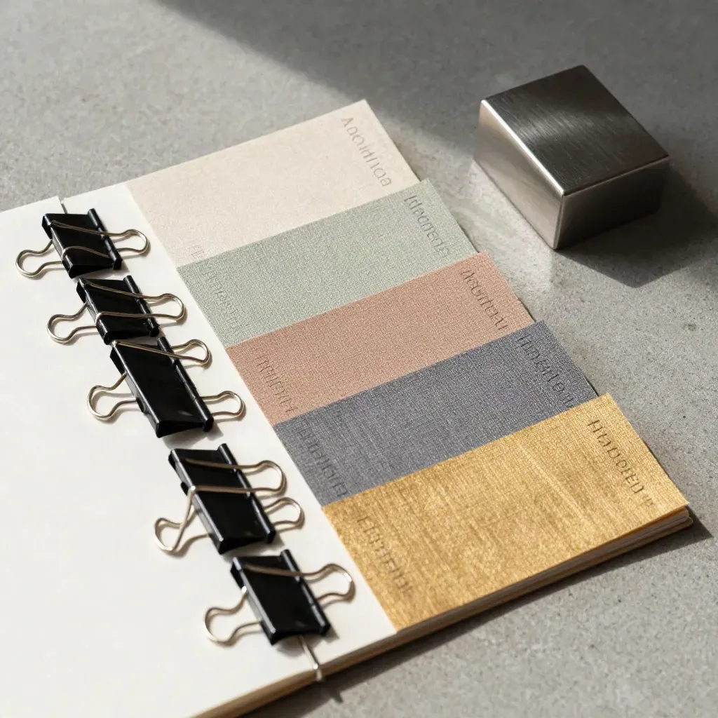 Overhead flat lay of color-coded calendar tabs, binder clips and blank desk pad on concrete.