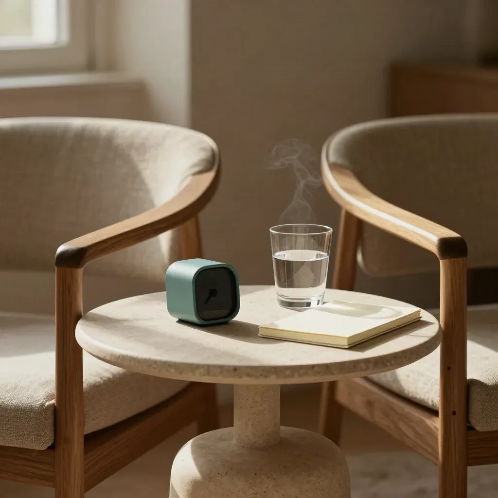 Empty meeting table with two chairs, a teal timer, water glass, and stacked notepad in warm daylight