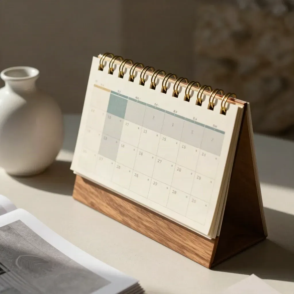 Side-on calendar blocks, clipped tabs and a white vase on pale plaster in morning light.