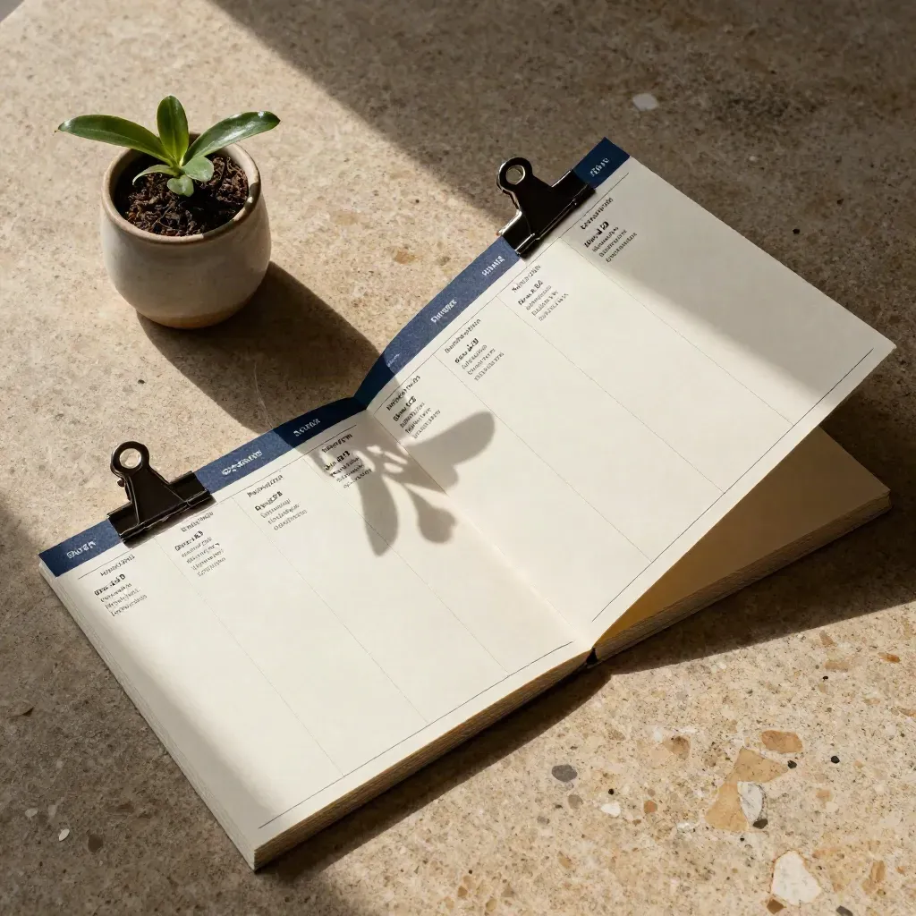 Overhead deadline planning cards and a small plant arranged diagonally on warm stone.