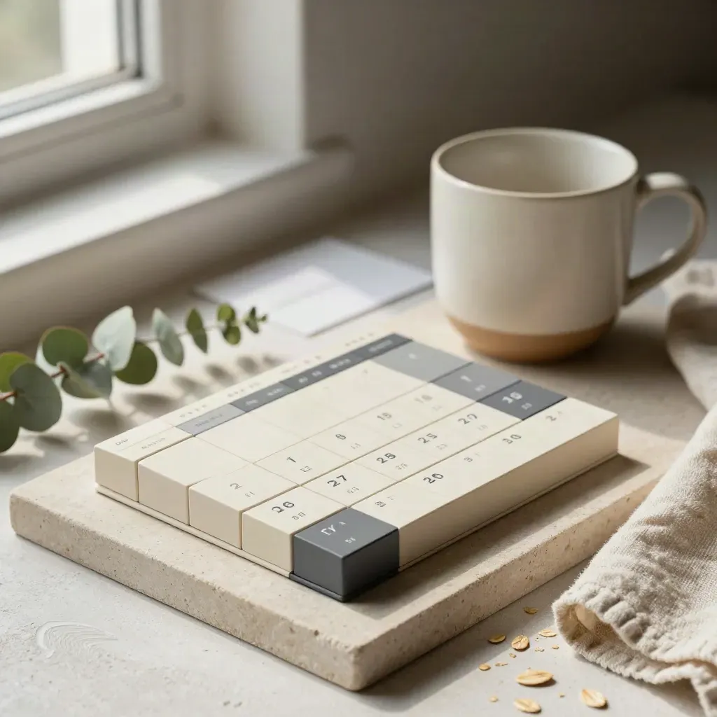Calendar blocks, eucalyptus, and a cream cup arranged on a stone tray in soft morning light.